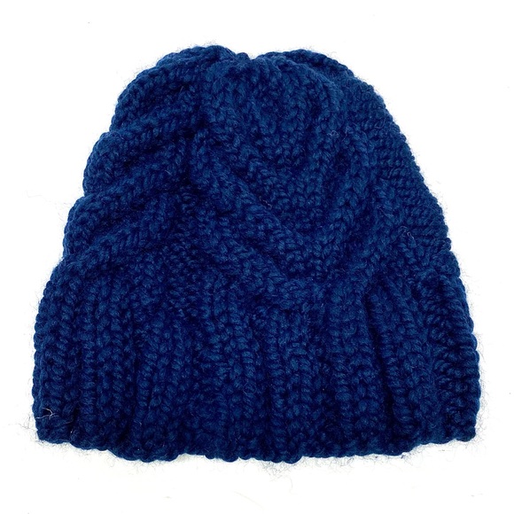 Hand Knit Chunky Beanie with Antler Cable Design in Navy One Size Fits Most - Picture 6 of 7